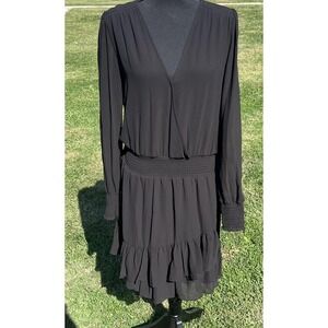 Michael Michael Kors Dress Womens Medium Black‎ Surplice Long Sleeve Ruffle Hem